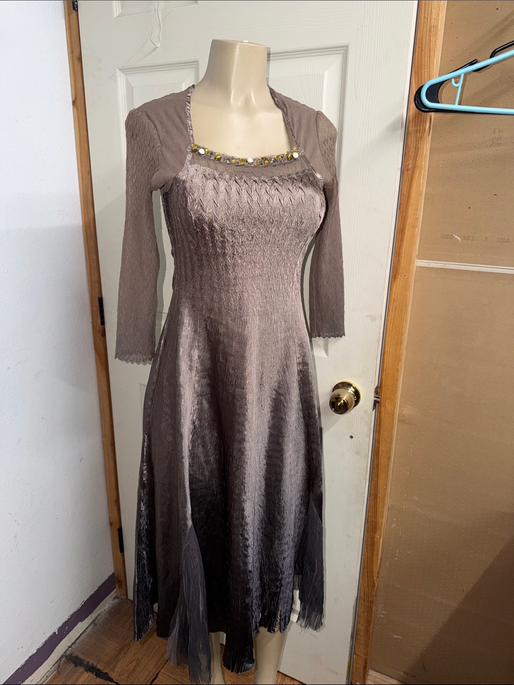 Komarov Taupe Long Sleeve Beaded Neckline Evening Dress